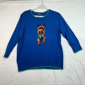 Lands End Dog Sweater L 14-16 Blue Supima Cotton Intarsia Terrier Womens